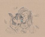 absurd_res anthro bust_portrait caelus canid canine clothing duo fall_leaves felid gabriel_fahn hi_res huge_filesize lion male male/male mammal nuzzling pantherine portrait scarf shaulah sketch sweater topwear