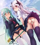  2girls ass black_horns black_panties black_sailor_collar black_serafuku black_shirt black_skirt black_thighhighs blue_neckerchief blue_sky blush breasts chain-link_fence dragon_girl dragon_horns dual_persona fate/grand_order fate_(series) fence green_hair horns kiyohime_(fate) long_hair long_sleeves looking_at_viewer looking_back medium_breasts multiple_girls multiple_horns naginata neckerchief open_mouth panties polearm red_eyes red_neckerchief sailor_collar school_uniform sen_(astronomy) serafuku shirt skirt sky striped_clothes striped_panties thighhighs thighs underwear variant_set weapon white_hair white_sailor_collar white_thighhighs yellow_eyes yellow_panties 