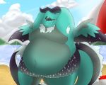  5:4 anthro beach belly big_belly chubby_cheeks clothing digital_drawing_(artwork) digital_media_(artwork) dragon fangs hi_res male moobs obese obese_male one_eye_closed overweight overweight_male seaside soft solo standing syrlis thick_thighs truly032 underwear wide_hips wings wink 