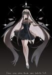  1girl :| absurdly_long_hair arknights bare_legs black_background black_dress black_eyes black_footwear black_gloves black_hair closed_mouth collared_dress diamond-shaped_pupils diamond_(shape) dress expressionless floating_hair full_body gloves hand_up high_heels highres legs_together long_bangs long_hair long_sleeves looking_at_viewer open_hand outstretched_arm pleated_dress romaji_text senjou_no_pentsu short_dress sidelocks simple_background solo sparkle symbol-shaped_pupils translation_request very_long_hair virtuosa_(arknights) yellow_pupils 