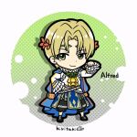  1boy alfred_(fire_emblem) artist_name blonde_hair blue_cape cape character_name chibi chibi_only closed_mouth fire_emblem fire_emblem_engage full_body green_eyes hand_on_own_hip kiritaki long_sleeves looking_at_viewer male_focus mole mole_under_eye short_hair smile 