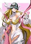  1girl :o absurdres angel angel_wings angewomon armpit_crease asymmetrical_clothes bare_shoulders blonde_hair blue_eyes blush bodysuit boobplate breasts broken_helmet cleavage commentary_request covered_collarbone covered_eyes cowboy_shot digimon digimon_(creature) elbow_gloves feathered_wings finger_heart gloves hagoromo heart helmet helmet_over_eyes highres long_hair looking_at_viewer medium_breasts multiple_wings navel open_mouth pink_nails sawa_d shawl single_elbow_glove solo standing stomach torn_bodysuit torn_clothes white_bodysuit winged_helmet wings wrist_wings zipper 