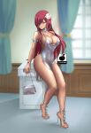  absurdres armlet bag bracelet breasts brown_eyes cleavage erza_scarlet fairy_tail flower glitter_dress hair_flower hair_ornament hair_over_one_eye handbag high_heels highres holding holding_bag jewelry large_breasts linkartoon long_hair red_hair revealing_clothes 