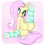  1:1 absurd_res blush clothing equid equine female feral fluttershy_(mlp) friendship_is_magic genitals green_eyes hair hi_res legwear long_hair mammal my_little_pony pink_background pink_hair pterippus pussy raised_leg simple_background solo thigh_highs thousandarms wings yellow_body 