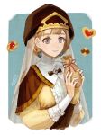  1girl bag black_hat border brown_hair closed_mouth cookie earrings fire_emblem fire_emblem:_three_houses fon-due_(fonfon) food grey_eyes heart-shaped_cookie highres holding holding_bag jewelry long_sleeves looking_at_viewer mercedes_von_martritz red_ribbon ribbon smile solo thumbprint_cookie upper_body veil white_border 