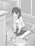  1girl bad_drawr_id bad_id basket blunt_bangs blush bottle character_request closed_mouth collared_shirt copyright_request cushion francine_(daijaemon) greyscale hair_ornament hair_scrunchie hands_on_lap indoors long_hair long_sleeves miniskirt monochrome oekaki pantyhose pencil_skirt pillow scrunchie seiza shirt side_ponytail sitting skirt sleeves_past_wrists solo sweater table window 