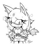  2020 anthro black_and_white black_nose blaze_the_cat blush bodily_fluids candy chocolate clothed clothing collar crying domestic_cat fangs felid feline felis female food fox_gungrave gift hair hi_res holding_object holidays jewelry long_hair looking_at_viewer mammal melting monochrome sad solo sonic_the_hedgehog_(series) steam stress tears valentine&#039;s_day 