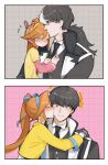  1boy 1girl ace_attorney athena_cykes black_eyes black_hair black_jacket black_necktie blue_eyes blue_hairband blue_ribbon blush collared_shirt crescent crescent_earrings earrings grey_background hair_ribbon hairband haori highres hug jacket japanese_clothes jewelry kiss kissing_cheek kissing_forehead long_hair long_sleeves low_ponytail multicolored_hair necktie orange_hair phoenix_wright:_ace_attorney_-_dual_destinies pink_background ponytail profile ribbon salted_whale shirt side_ponytail simon_blackquill tearing_up two-tone_hair upper_body white_hair white_shirt yellow_jacket yellow_shirt 