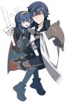  1boy 1girl :d armor blue_cape blue_eyes blue_hair cape carrying chrom_(fire_emblem) father_and_daughter fire_emblem fire_emblem_awakening gloves hair_between_eyes highres holding holding_sword holding_weapon long_hair long_sleeves looking_at_another lucina_(fire_emblem) open_mouth red_cape salted_whale short_hair shoulder_armor smile sword tiara weapon white_cape 