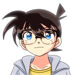  1boy blue_eyes brown_hair close-up commentary_request edogawa_conan glasses hair_between_eyes hood hoodie light_smile looking_up male_focus meitantei_conan pirkgk4869 shirt solo yellow_shirt 