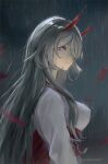  1girl acheron_(honkai:_star_rail) artist_name breasts closed_mouth crying crying_with_eyes_open english_commentary highres honkai:_star_rail honkai_(series) horns japanese_clothes kimono looking_at_viewer looking_to_the_side medium_breasts minz_(minh_nguyen) outdoors rain red_eyes red_horns red_sash sash solo streaming_tears tears turning_head white_hair white_kimono 