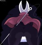 2_horns anthro anus arthropod artist_name black_arms black_body black_butt bodily_fluids butt cave cloak clothing davidsanchan digital_drawing_(artwork) digital_media_(artwork) female fighting_pose genital_fluids genitals hi_res holding_object holding_weapon hollow_knight horn hornet_(hollow_knight) insect looking_forward low-angle_view motion_lines nail_(weapon) pose pussy rear_view red_cloak silk solo team_cherry text thick_thighs vaginal_fluids weapon white_text wide_hips