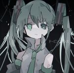  1girl arms_at_sides bags_under_eyes black_background black_sleeves closed_mouth collared_shirt commentary_request doping_dance_(vocaloid) dripping_eye glitch green_eyes green_hair green_necktie grey_shirt hatsune_miku heterochromia highres light_particles long_hair looking_at_viewer mamimu_(ko_cha_22) necktie number_tattoo shirt shoulder_tattoo simple_background sleeveless sleeveless_shirt solo song_name tattoo tearing_up twintails upper_body vocaloid 