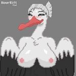 2023 abdominal_tuft anthro beak black_body black_feathers black_sclera black_tuft blush blush_lines bombirdier breasts chest_tuft clothed clothing digital_media_(artwork) eyelashes feathers female generation_9_pokemon glistening glistening_breasts glistening_shoulders grey_background hair hourrift_pixel inverted_nipples long_neck looking_at_viewer mature_female multicolored_body multicolored_feathers nintendo nipples pink_beak pink_nipples pixel_(artwork) pokemon pokemon_(species) shaded simple_background smile smiling_at_viewer solo text tied_hair topless tuft two_tone_body two_tone_feathers white_body white_clothing white_eyes white_feathers white_hair white_tuft winged_arms wings