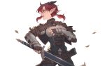  1girl black_horns blue_collar breasts buckle collar cowboy_shot dpin_(user_adhr8855) dragon_girl dragon_horns highres holding holding_sword holding_weapon horns large_breasts leather_belt looking_to_the_side original parted_lips pink_lips pointy_ears red_hair sheath silka_(dpin) solo sword teeth unsheathed upper_teeth_only weapon white_background yellow_eyes 