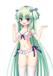  1girl :d alternate_costume arm_strap bikini black_ribbon blue_bow blunt_bangs blunt_ends blush bow breasts chinese_commentary collarbone commentary_request eyes_visible_through_hair frilled_bikini frills green_hair hair_bow halterneck hands_up happy highres hime_cut long_hair looking_at_viewer murasame_(senren) navel open_mouth red_eyes ribbon senren_banka shu_pian sidelocks simple_background skindentation small_breasts smile solo stomach straight_hair swimsuit thighhighs thighs tsurime two_side_up very_long_hair white_background white_bikini white_thighhighs 