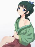  1girl blue_eyes breasts chinese_clothes green_hair green_hanfu green_robe hanfu highres holding holding_clothes knee_up kusuriya_no_hitorigoto long_hair looking_at_viewer maomao_(kusuriya_no_hitorigoto) mtoan parted_lips robe single_bare_leg single_bare_shoulder sitting small_breasts solo 