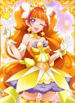  1girl amanogawa_kirara blunt_bangs boots cowboy_shot cure_twinkle detached_collar dress earrings gloves go!_princess_precure hair_ornament hair_scrunchie hanzou highres index_finger_raised jewelry long_hair looking_at_viewer low-tied_long_hair magical_girl one_eye_closed open_mouth orange_hair precure purple_eyes scrunchie short_dress smile solo standing star_(symbol) star_earrings strapless strapless_dress thigh_boots tiara twintails very_long_hair white_gloves yellow_collar yellow_dress yellow_footwear yellow_scrunchie 