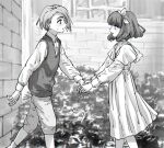  1boy 1girl bow brick_wall collared_shirt commentary_request dress feet_out_of_frame from_side funabara_(sksn_herb) greyscale hair_bow highres long_sleeves looking_at_another lou_(shadows_house) monochrome outdoors pants profile ricky_(shadows_house) shadows_house shirt short_hair smile standing vest window 