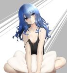  1girl bare_legs barefoot blue_eyes blue_hair breasts camisole cleavage collarbone crossed_legs eyebrows_visible_through_hair grey_background hair_between_eyes head_tilt highres hololive hoshimachi_suisei indian_style long_hair looking_at_viewer lunch_boxer pillow simple_background sitting sleepwear sleeveless small_breasts smile solo star strap_slip two-tone_background virtual_youtuber white_background 