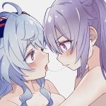  2girls after_kiss ahoge blue_hair blush commentary_request eye_contact ganyu_(genshin_impact) genshin_impact grey_background highres horns keqing_(genshin_impact) looking_at_another multiple_girls nude open_mouth purple_eyes purple_hair red_eyes saliva saliva_trail simple_background sweat tongue tongue_out twintails upper_body wu_qin_(gyxx_04) yuri 