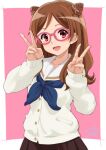  1girl :d artist_name blue_neckerchief brown_hair brown_skirt cardigan cone_hair_bun double_bun double_v glasses hair_bun hair_ornament hibike!_euphonium highres kamaya_suzume kitauji_high_school_uniform long_hair long_sleeves nail_polish neckerchief open_mouth parted_bangs pink-framed_eyewear pink_background pink_nails pleated_skirt purple_eyes school_uniform signature skirt smile solo telaform upper_body v white_cardigan x_hair_ornament 