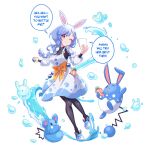  1girl animal_ear_fluff animal_ears apron azumarill blue_hair blush braid braided_ponytail breasts closed_mouth commentary english_commentary highres hololive long_hair looking_at_viewer marill mature_female multicolored_hair pekomama pokemon pokemon_(creature) rabbit_ears rabbit_girl red_eyes rhymewithray short_eyebrows simple_background smile solo thick_eyebrows virtual_youtuber water white_hair 
