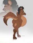 absurd_res anthro belly big_belly brown_body brown_skin butt cmitchell green_eyes grey_hair hair hi_res huge_belly hyena hyper hyper_belly long_tail male mammal solo spots tail vore