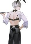  1boy animal_ears artist_name backless_outfit black_bow black_bra black_pants bow bra earrings fake_animal_ears hand_on_hip holding holding_tray jewelry long_sleeves looking_back original pants simple_background solo stud_earrings sukja tray underwear waiter white_background white_hair 