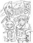  1boy 2girls @_@ airborne animification apex_legends aviator_cap bodysuit character_name copyright_name frown gloves goggles goggles_on_headwear greyscale highres hood hood_down hood_up hooded_bodysuit kuji-in lightning_bolt_symbol lineart looking_at_viewer mask monochrome mouth_mask multiple_girls nessie_(respawn) nose_piercing octane_(apex_legends) ookamiya818 piercing ribbed_bodysuit shirt smile stuffed_toy symbol-shaped_pupils v-shaped_eyebrows wattson_(apex_legends) wraith_(apex_legends) 