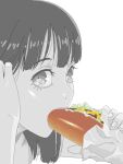  1girl adjusting_hair bad_drawr_id bad_id character_request copyright_request eating food francine_(daijaemon) holding holding_food hot_dog lettuce looking_at_viewer oekaki portrait sandwich sexually_suggestive simple_background solo spot_color tomato tucking_hair white_background 