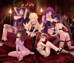  6+girls akutagawa_manbou ass bangs bed bed_sheet candle full_body hachikuji_mayoi hanekawa_tsubasa highres kanbaru_suruga kneehighs legs lingerie long_hair looking_at_viewer monogatari_(series) multiple_girls oshino_shinobu sengoku_nadeko senjougahara_hitagi sitting skirt smile socks underwear 