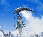  1girl adesu_(gekkahyouzin) animal arknights ball beachball bikini bikini_under_clothes bird black_hair blue_sky building carrying carrying_under_arm closed_mouth cloud collarbone commentary_request day feet_out_of_frame frilled_bikini frills grey_eyes hair_intakes highres holding holding_scythe jacket la_pluma_(arknights) la_pluma_(summer_flowers)_(arknights) long_hair long_sleeves navel off_shoulder open_clothes open_jacket outdoors puffy_long_sleeves puffy_sleeves scythe sky solo standing swimsuit transparent white_bikini white_jacket 