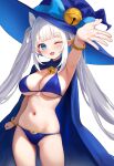  1girl ;d absurdres armpits bell bikini blue_bikini blue_cape blue_eyes blue_hat bracelet breasts cape commentary commission english_commentary fanteam hat hat_bell highres jewelry jingle_bell large_breasts long_hair looking_at_viewer neck_bell one_eye_closed open_mouth original pixiv_commission simple_background smile solo standing stomach swimsuit twintails white_background white_hair witch_hat 