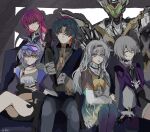  2boys 3girls aqua_skirt black_hair black_hairband black_jacket blade_(honkai:_star_rail) bow bowtie breasts drill_hair earrings elio_(honkai:_star_rail) eyewear_on_head firefly_(honkai:_star_rail) grey_eyes grey_hair hair_between_eyes hair_ornament hairband highres honkai:_star_rail honkai_(series) jacket jewelry jiangyan61154 kafka_(honkai:_star_rail) long_hair looking_at_viewer multiple_boys multiple_girls neckerchief off_shoulder purple-tinted_eyewear purple_eyes purple_hair red_eyes ribbon robot sam_(honkai:_star_rail) shirt short_hair silver_wolf_(honkai:_star_rail) skirt smile tinted_eyewear two-tone_eyes white_shirt 