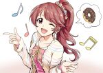  1girl blush breasts brown_eyes brown_hair cardigan collarbone doughnut food gradient_background hair_ornament hair_scrunchie idolmaster idolmaster_cinderella_girls idolmaster_cinderella_girls_starlight_stage index_finger_raised long_hair long_sleeves looking_at_viewer multicolored_scrunchie musical_note one_eye_closed open_mouth pink_shirt ponytail scrunchie shiina_noriko shirt small_breasts smile solo speech_bubble striped_cardigan tsukikage_oyama upper_body white_cardigan 