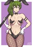  1girl animal_ears bare_shoulders black_bow black_pasties bow breasts collarbone covered_nipples fake_animal_ears fishnet_thighhighs fishnets gloves green_hair hand_on_own_hip holding holding_weapon long_hair looking_at_viewer medium_breasts navel pasties playboy_bunny purple_eyes rabbit_ears rabbit_tail redjet side_ponytail simple_background smile sousou_no_frieren tail thighhighs two-tone_background ubel_(sousou_no_frieren) weapon white_gloves 