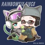  2girls absurdres animal_hands arknights baseball_cap black_gloves blue_background blue_eyes blush boots brown_eyes brown_footwear brown_hair brown_jacket camouflage camouflage_jacket cat_tail character_name chibi closed_mouth commentary_request copyright_name ear_protection ela_(rainbow_six_siege) elbow_gloves gloves goggles goggles_on_headwear green_gloves green_hair green_pantyhose grey_hat grey_jacket hairtail hat headset helmet highres hood hood_down hooded_jacket jacket knee_pads knees_up looking_at_viewer multiple_girls outline pantyhose paw_gloves polka_dot polka_dot_background rainbow_six_siege simple_background sitting smile sunglasses swept_bangs tail tongue tongue_out white_outline zofia_(rainbow_six_siege) 