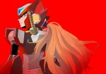  1boy absurdres armor blonde_hair blue_eyes forehead_jewel from_behind highres long_hair looking_at_viewer looking_back mega_man_(series) mega_man_x_(series) red_armor red_background red_helmet red_theme shoulder_armor simple_background solo sumomo upper_body z_saber zero_(mega_man) 