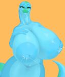 anthro areola big_areola big_breasts blue_body blue_scales bodily_fluids breasts camel_toe dibujosv12 digital_media_(artwork) female green_eyes hi_res lactating looking_at_viewer nude reptile scales scalie simple_background smile snake solo tail