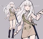  1girl :o ascot black_footwear boots brown_skirt buttons commentary do_m_kaeru fire_emblem fire_emblem:_three_houses floating_hair full_body garreg_mach_monastery_uniform grey_background high-waist_skirt long_hair long_sleeves looking_at_viewer lysithea_von_ordelia pink_eyes sheath sheathed shirt simple_background skirt solo sword twitter_username uniform weapon white_ascot white_hair white_shirt 