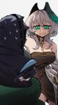  1girl 1other absurdres aqua_eyes arknights bare_shoulders black_coat black_dress bracelet breasts cleavage coat doctor_(arknights) dress dryegen feathered_wings grey_hair hair_between_eyes hair_ornament head_wings highres ho&#039;olheyak_(arknights) ho&#039;olheyak_(carriage_of_the_winds_of_time)_(arknights) hood hooded_coat jewelry long_tail looking_at_another medium_hair nervous_sweating scales sidelocks smile snake_tail sweat tail wings 