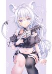  1girl :c absurdres animal_ears apex_legends arm_at_side bandaged_arm bandages bare_shoulders black_collar black_shirt black_shorts black_thighhighs blush collar collarbone commission cowboy cropped_shirt crossed_bangs dot_nose frilled_collar frills gun hair_between_eyes highres holding holding_gun holding_weapon indie_virtual_youtuber kisukekun legs_together long_hair looking_at_viewer midriff mouse_ears mouse_girl navel off-shoulder_shirt off_shoulder open_mouth outline purple_background purple_eyes r-99_smg second-party_source shirt short_shorts shorts sidelocks simple_background single_thighhigh skeb_commission solo stomach submachine_gun thighhighs weapon white_hair white_outline yamane_nemu_(vtuber) 