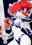  1girl armor asagiri_youko bikini bikini_armor blue_bikini breasts brown_eyes commentary_request genmu_senki_leda highres holding holding_sword holding_weapon long_hair looking_at_viewer navel parted_lips red_hair shoulder_armor side_ponytail small_breasts smile solo swimsuit sword watanabe_yoshihiro weapon 