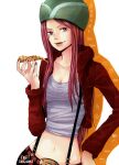  1girl anti-eyebrow_piercing artist_name character_name closed_mouth commentary english_commentary food fruit-fragrance green_hat hat holding holding_food holding_pizza jewelry_bonney lips lipstick long_hair long_sleeves makeup nail_polish navel one_piece pink_hair pizza smile solo 