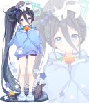  &lt;key&gt;_(robot)_(blue_archive) 1girl absurdly_long_hair animal animal_ears animal_on_head aris_(blue_archive) black_hair blue_archive blue_eyes blue_footwear blue_hoodie blush closed_mouth green_halo halo hood hood_down hoodie long_hair long_sleeves on_head rabbit_ears slippers solo subin_(subin_2011) twitter_username very_long_hair zoom_layer 