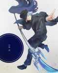  1boy black_footwear black_headwear black_pants blue_eyes blue_hair hat holding holding_spear holding_weapon male_focus one_eye_closed oshiruko_(tsume) pants pointing polearm smile socks solo spear touran-sai weapon 