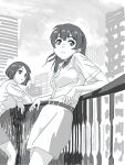  2girls :&lt; against_railing bad_drawr_id bad_id belt building character_request closed_mouth cloud copyright_request francine_(daijaemon) greyscale leaning long_hair looking_at_viewer monochrome multiple_girls oekaki outdoors parted_lips pencil_skirt railing shirt short_hair short_sleeves skirt sky skyscraper standing 