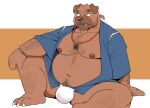 2024 anthro asian_clothing bear belly brown_body bulge canid canine canis clothing domestic_dog east_asian_clothing fundoshi hi_res hupi1008 japanese_clothing jinbei_(clothing) kemono male mammal moobs navel nipples overweight overweight_male simple_background sitting solo underwear white_clothing white_fundoshi white_underwear