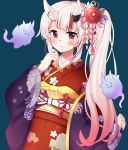  1girl alternate_costume alternate_hairstyle flower hair_between_eyes hair_flower hair_ornament hitodama hololive japanese_clothes kimono long_hair looking_at_viewer mizuki_(lvo0x0ovl) nakiri_ayame oni_horns red_eyes side_ponytail silver_hair simple_background smile solo virtual_youtuber 